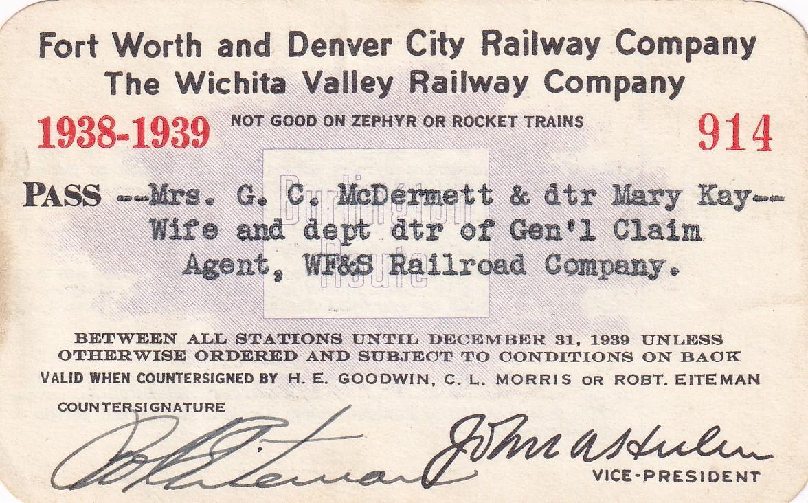 1938-39 Fort Worth & Denver City Railway pass - Wichita Falls & Southern Railway