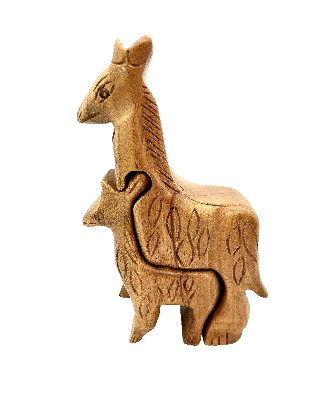 Vintage Wooden Llama and Baby Hand Carved Puzzle Trinket Jewelry Box Alpaca