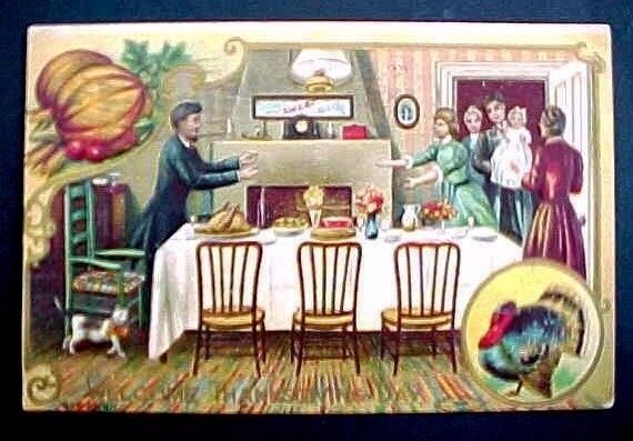 1909 WELCOME THANKSGIVING DAY POSTCARD Family Turkey Dinner Home Sweet Home 
