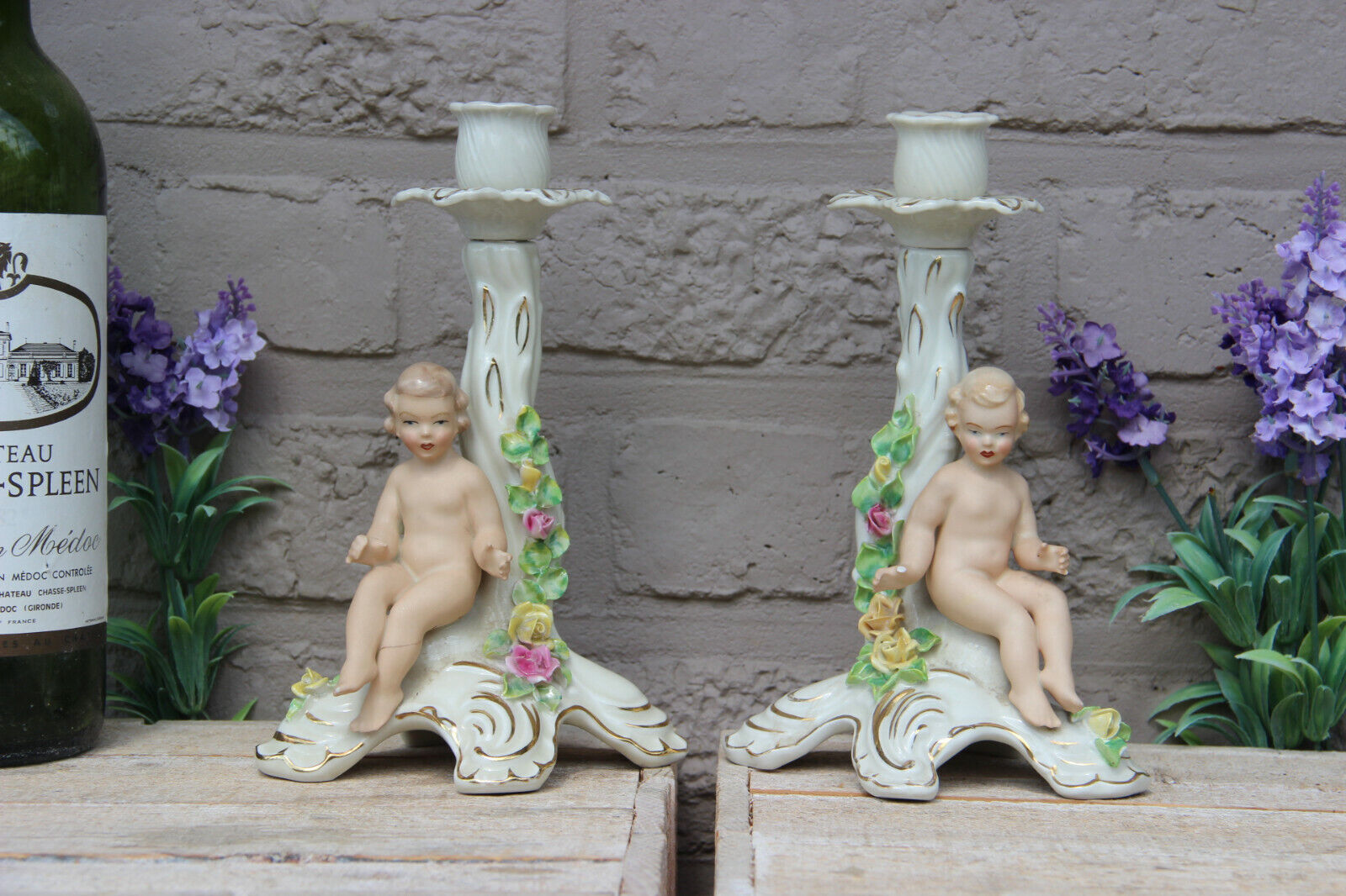 PAIR vintage Dresden porcelain marked candle holders putti figurine 