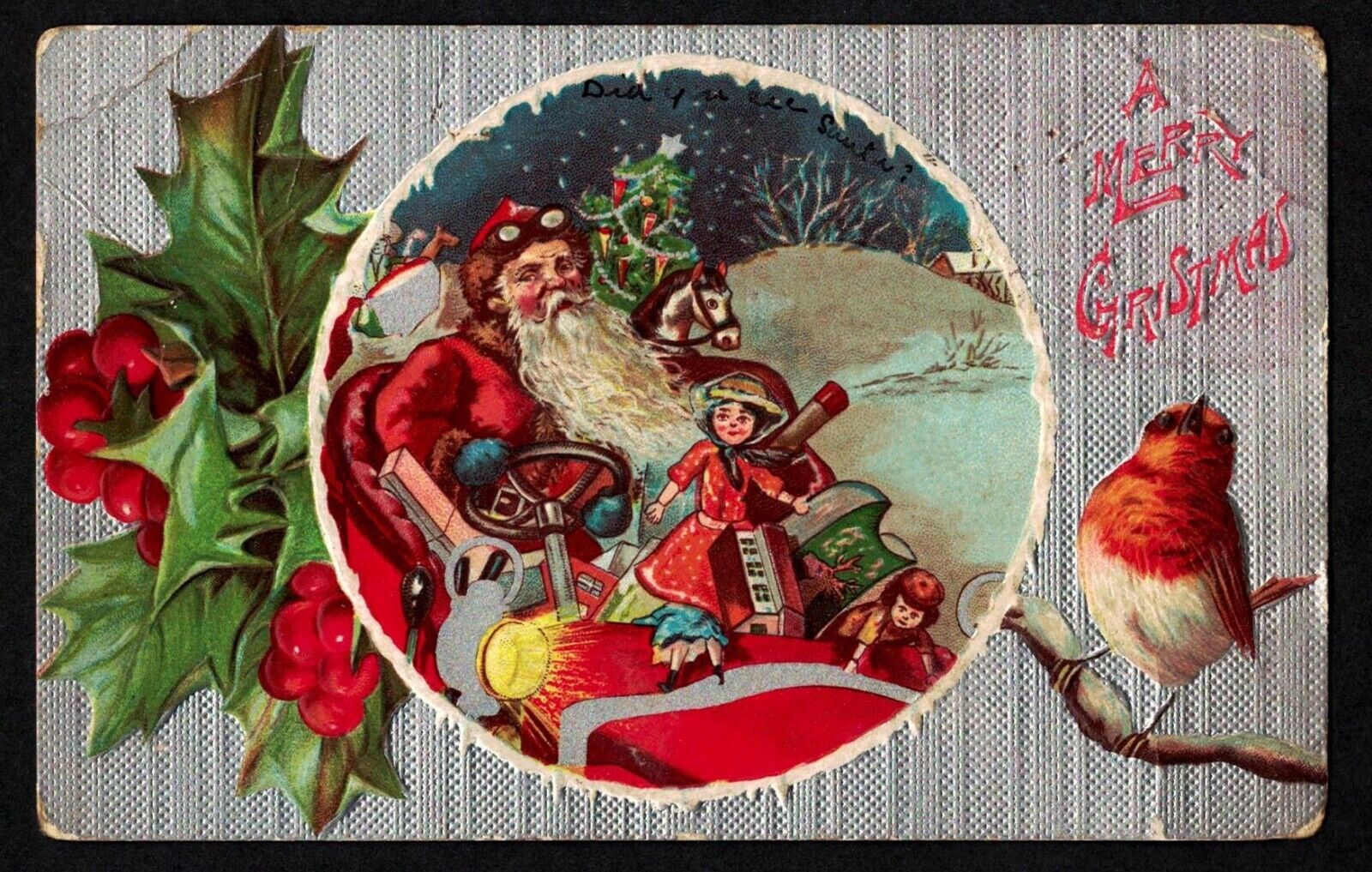 3201 Antique Vintage Christmas Postcard Santa Red Car Toys Bird ZANESVILLE 1909