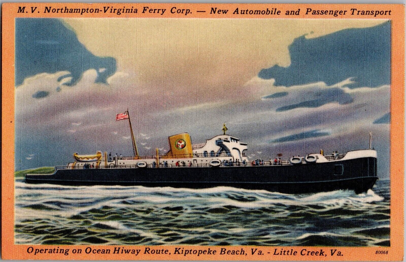 c 1930s M.V. Northampton-Virginia Ferry Corp Transport Vintage Linen Postcard
