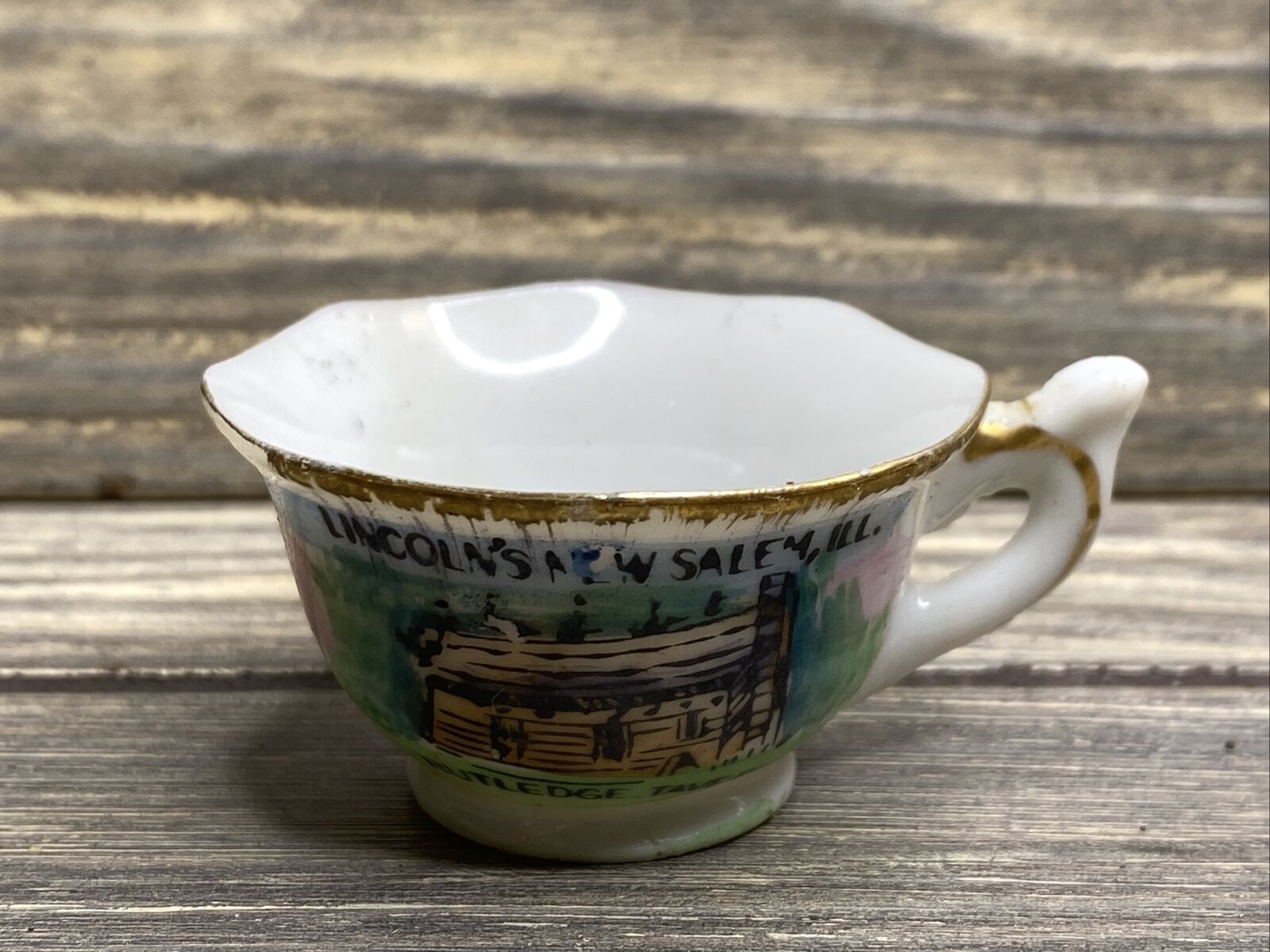 Vtg Souvenir Miniature Ceramic Tea Cup Rutledge Tavern Lincolns New Salem Ill