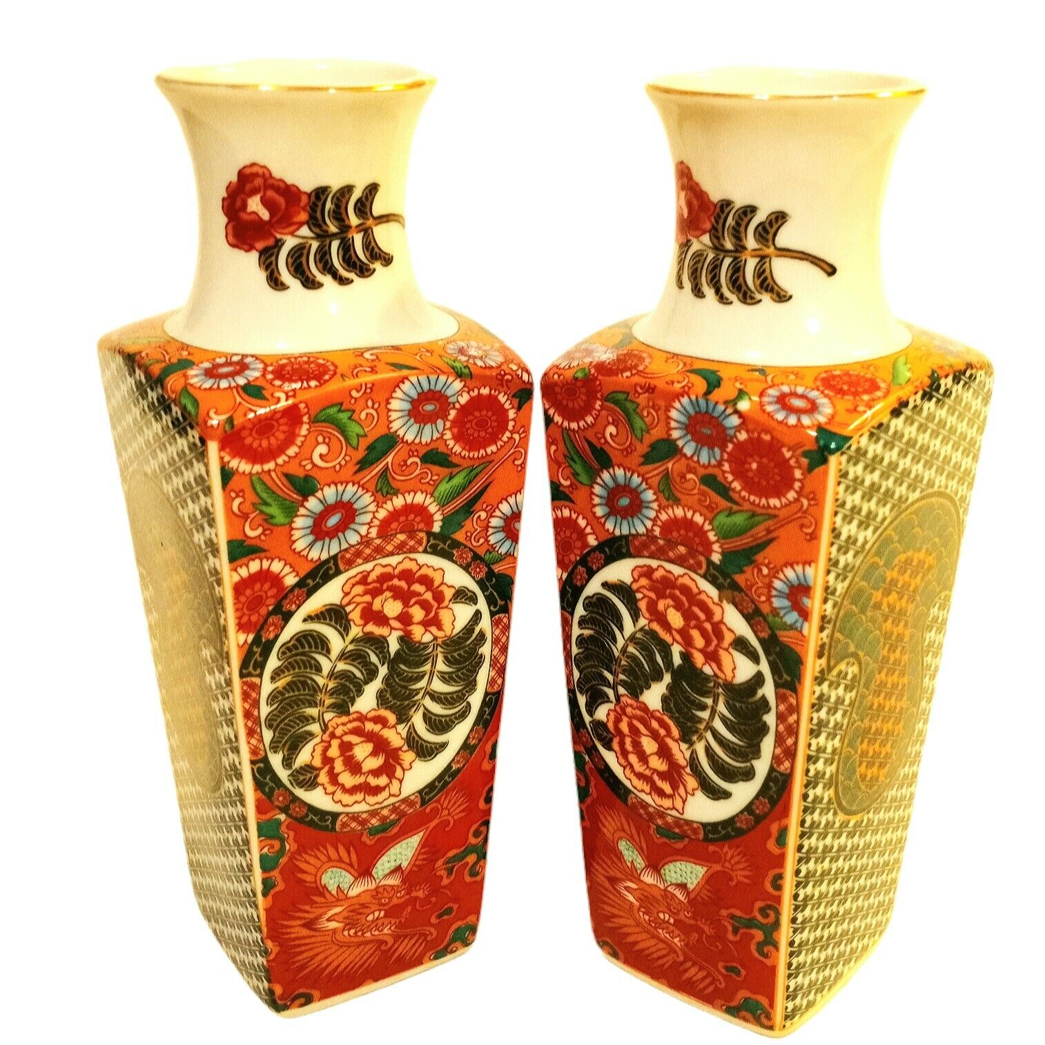 Vintage Meiji Japanese Vase Set Of 2 Orange Lotus Floral Mann 1980 Gold Trim 7\