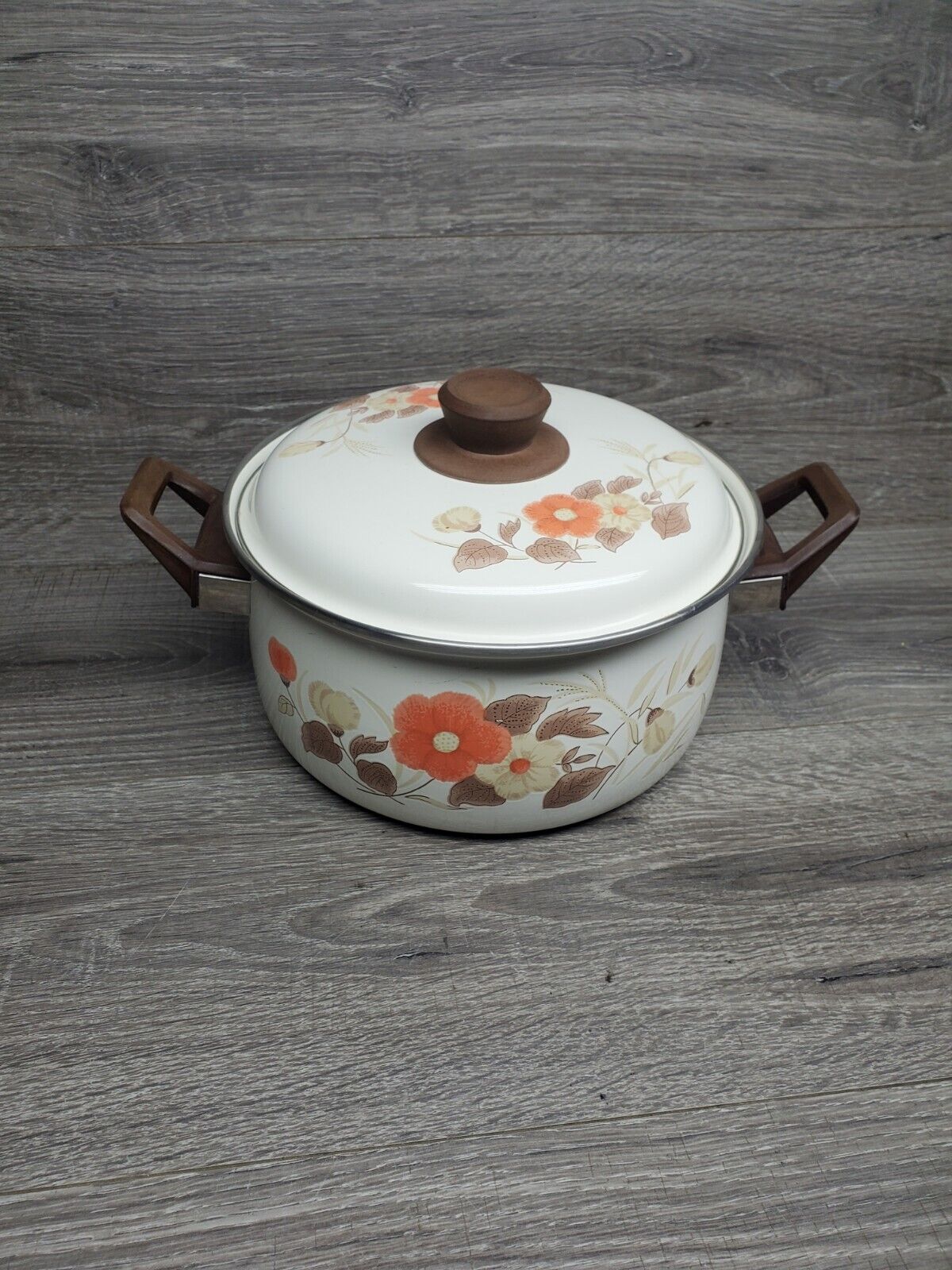Vtg 70's Cookware Enamel Handled Pot W/lid FLORAL & Handpainted