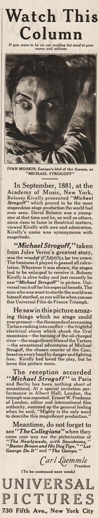 1926 Universal Pictures Ivan Moskin European Idol Michael Strogoff NY Print Ad