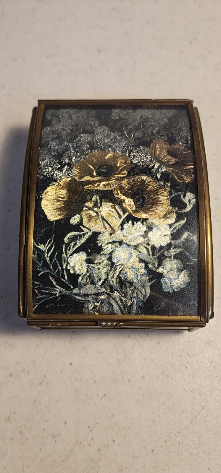 Vintage Enesco Mexico Brass Floral Trinket Box