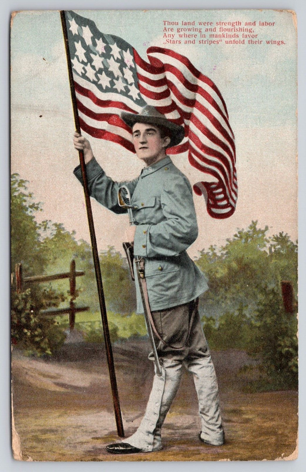 WWI Soldier in Uniform Standing Holding Flag DB Posted 1908 Akron Postcard (G26)