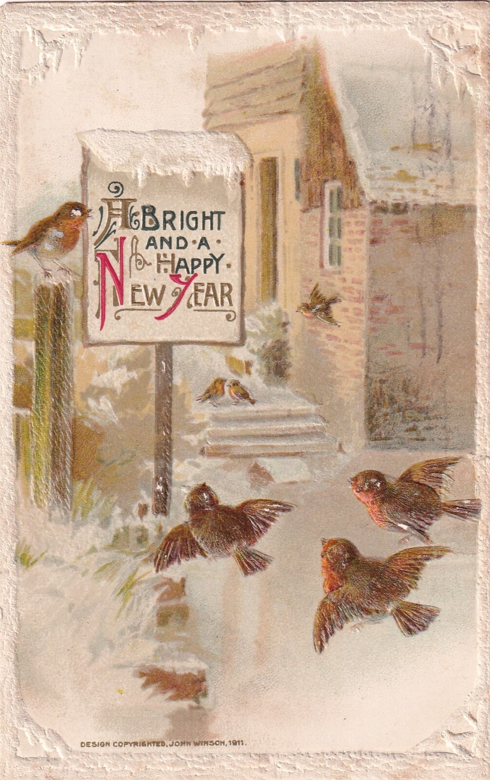 1911 John Winsch New Year\'s January 1st Song Birds Embossed Vinita Postcard D47