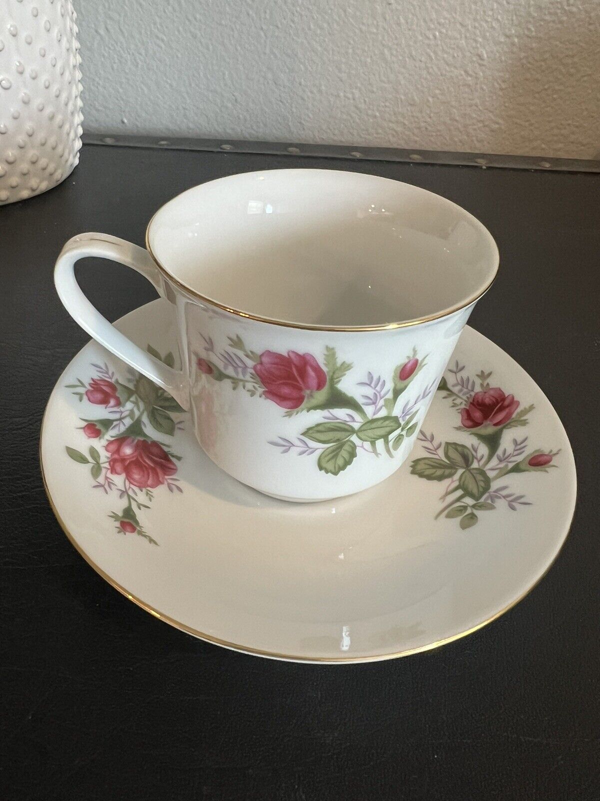 Vintage Cup Saucer Set Fine China with Red Roses Gold Trim - Made In China