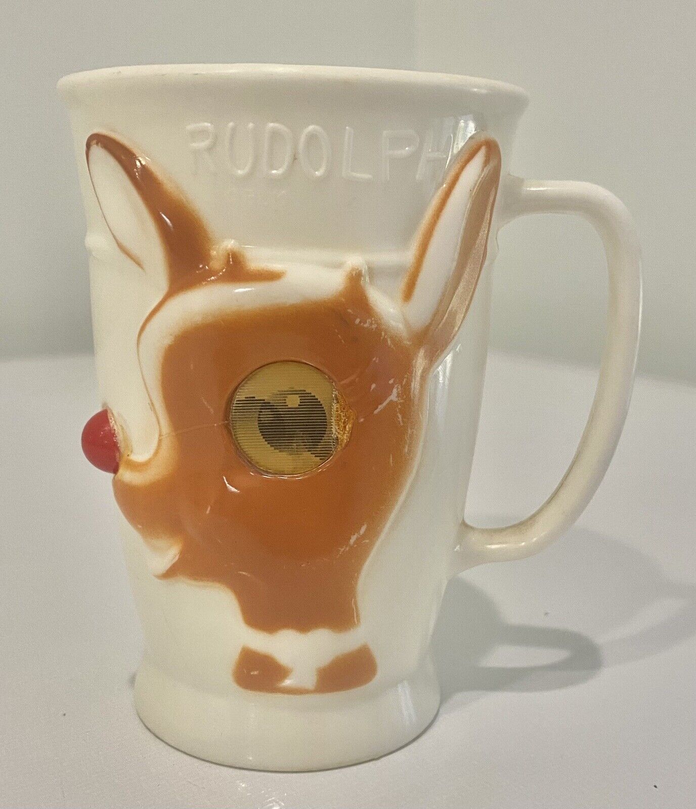 Vintage RARE RLM Rudolph The Red Nosed Reindeer White Plastic Cup Moving Eye