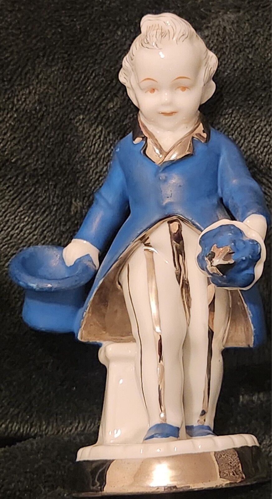 RARE Antique Porcelain Boy In Blue With Silver Accents. Unknown Marking