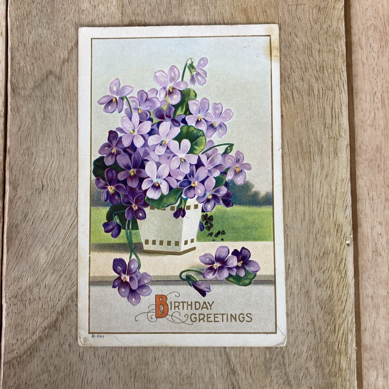 Antique Post Card Birthday Greetings Embossed Purple Flowers Posted 1913
