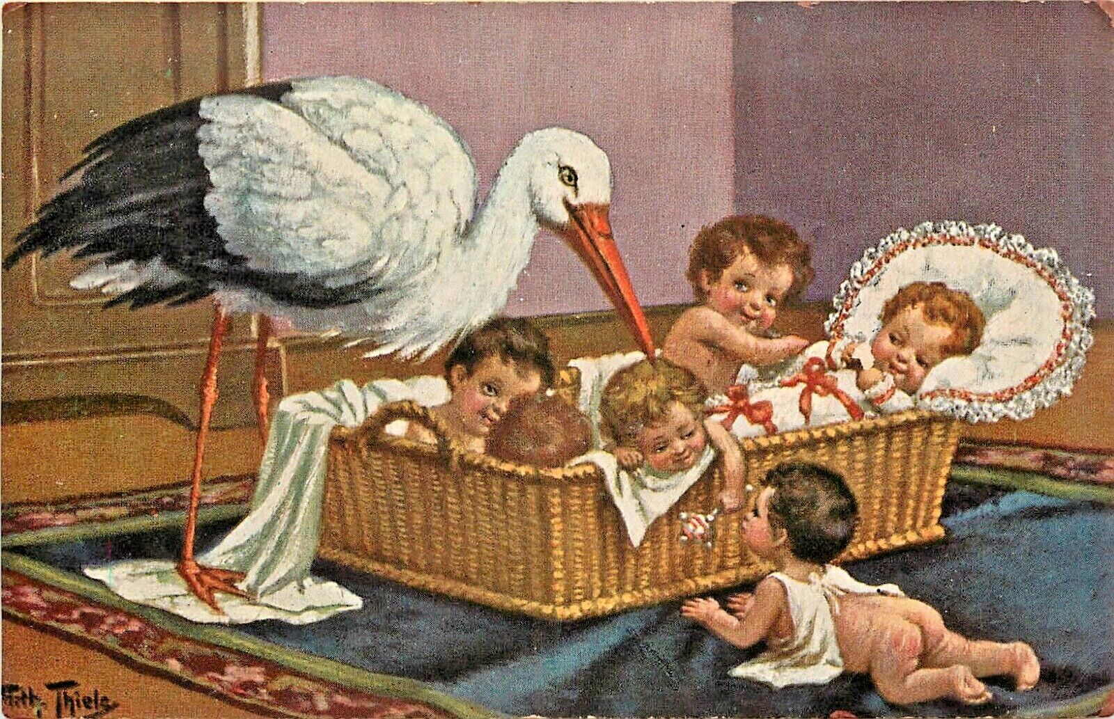 A/S Arthur Thiele Postcard~ Stork Puts Babies to Bed, Unposted 1911, Ser. 840
