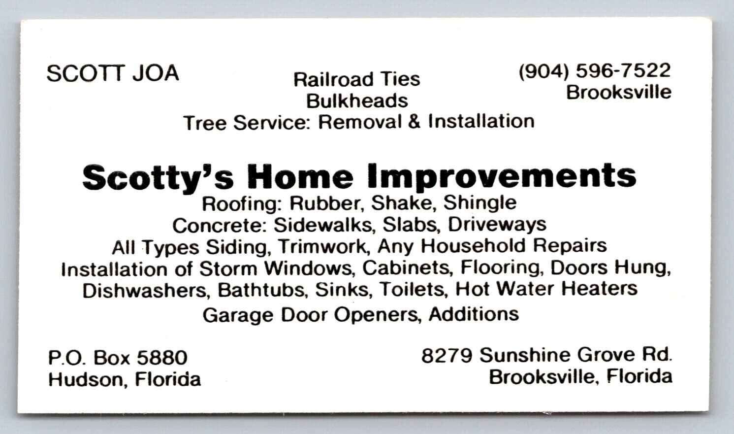 Vintage Business Card Scotty\'s Home Improvements Construction Brooksville FL