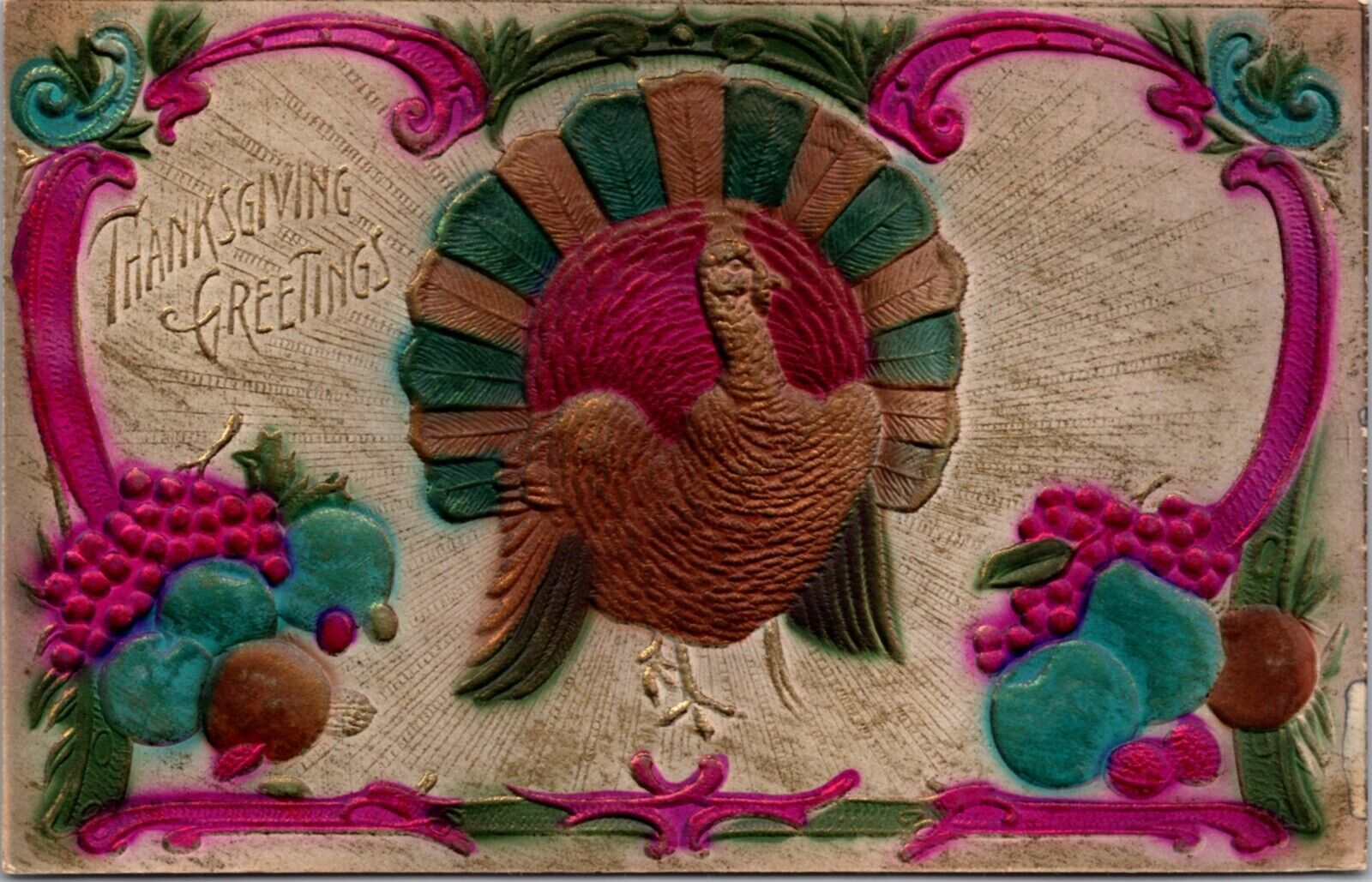 Air Brushed Postcard Thanksgiving Greetings Turkey with Fruit