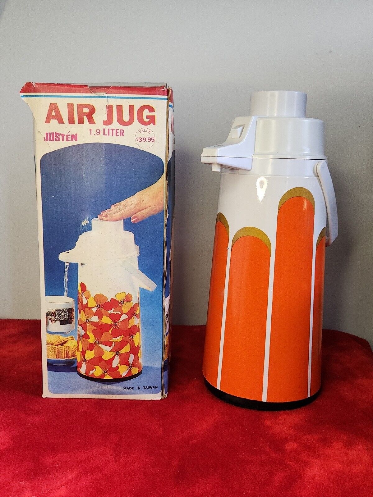 Vintage Justen Thermo AirJug One Touch Pour Vacuum Thermos Pot Cold Hot Orange