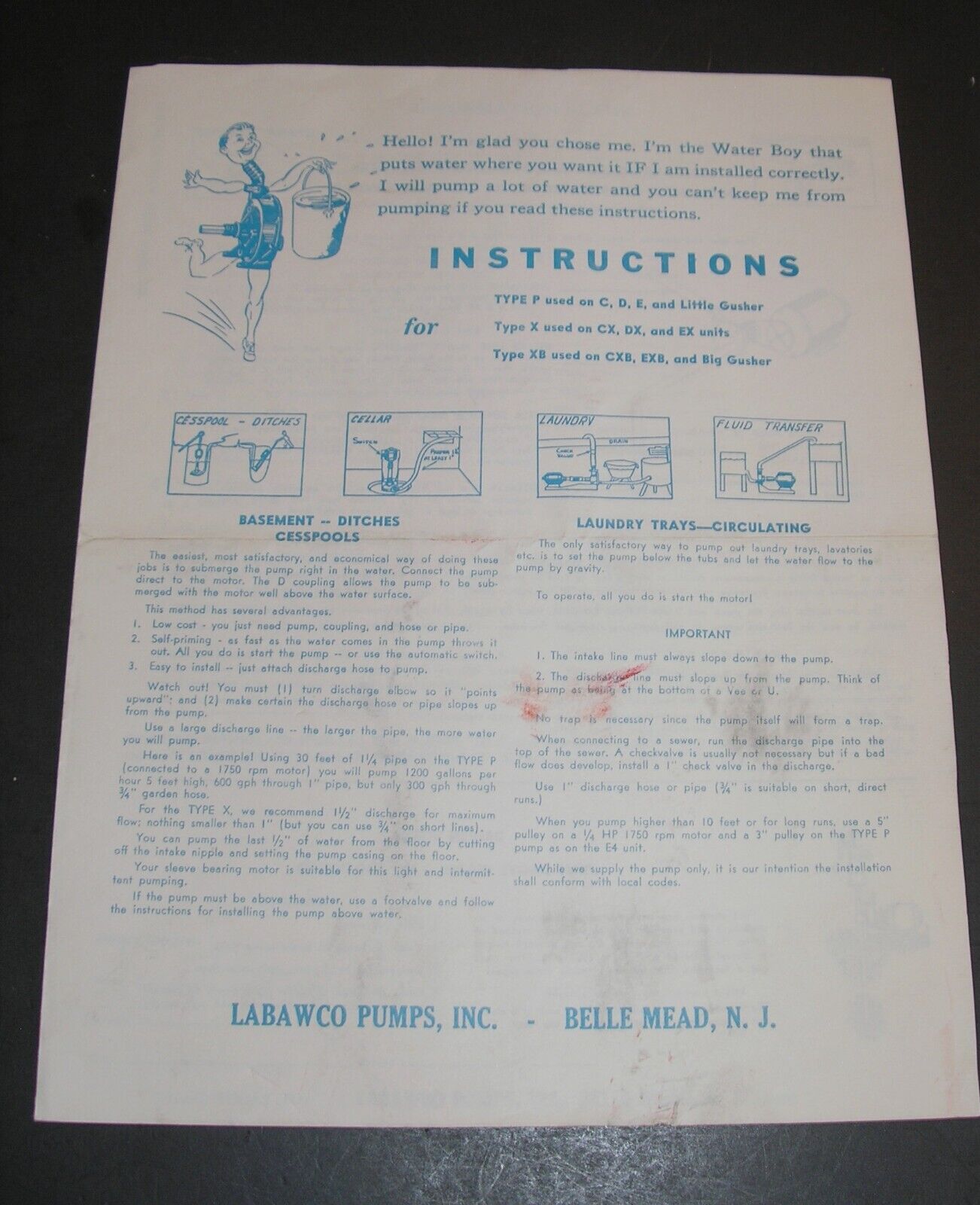 Vintage Labawco Pumps Instruction Pamphlet Belle Mead, New Jersey 1960`s
