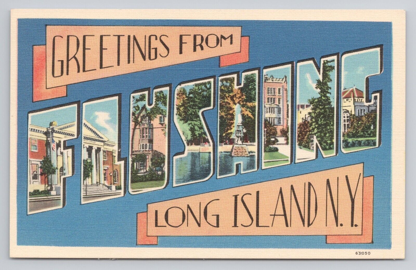 Greetings from Flushing Long Island New York Large Letter Linen Postcard