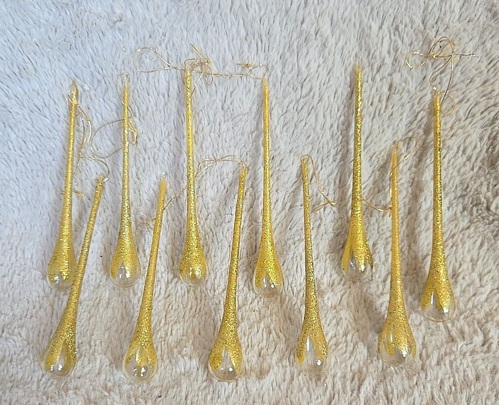 11 Vintage Tear drop Icicle Glass Christmas Ornaments Gold Glitter Hand Blown