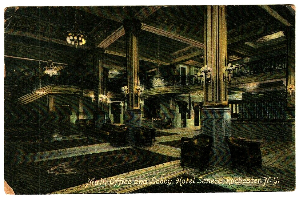MAIN OFFICE & LOBBY, HOTEL SENECA, SYRACUSE, NY  VINTAGE POSTCARD - STAMP 1909