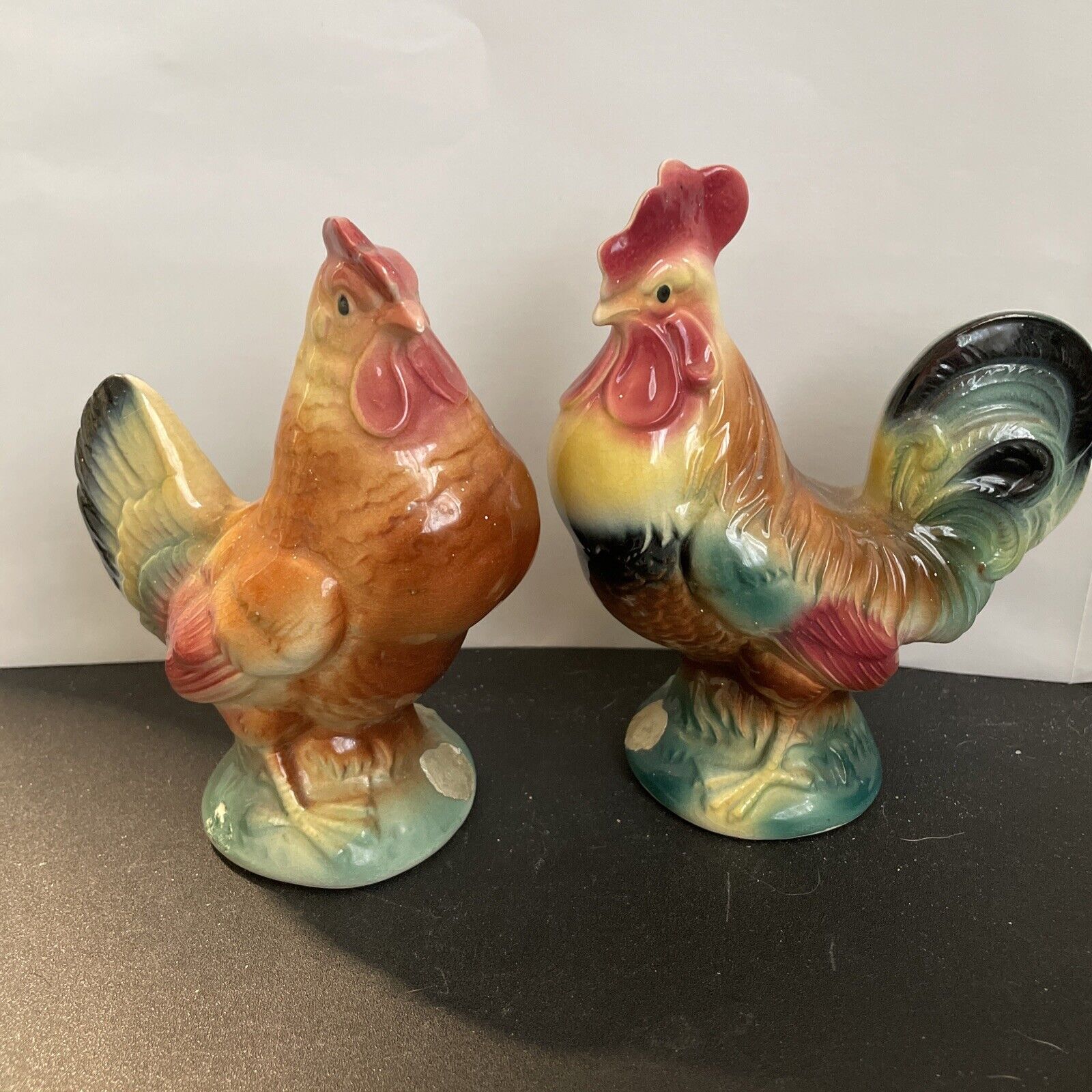 Royal Copley Vintage Hen And Rooster Ceramic  Figurines - Set Approx 6” Tall