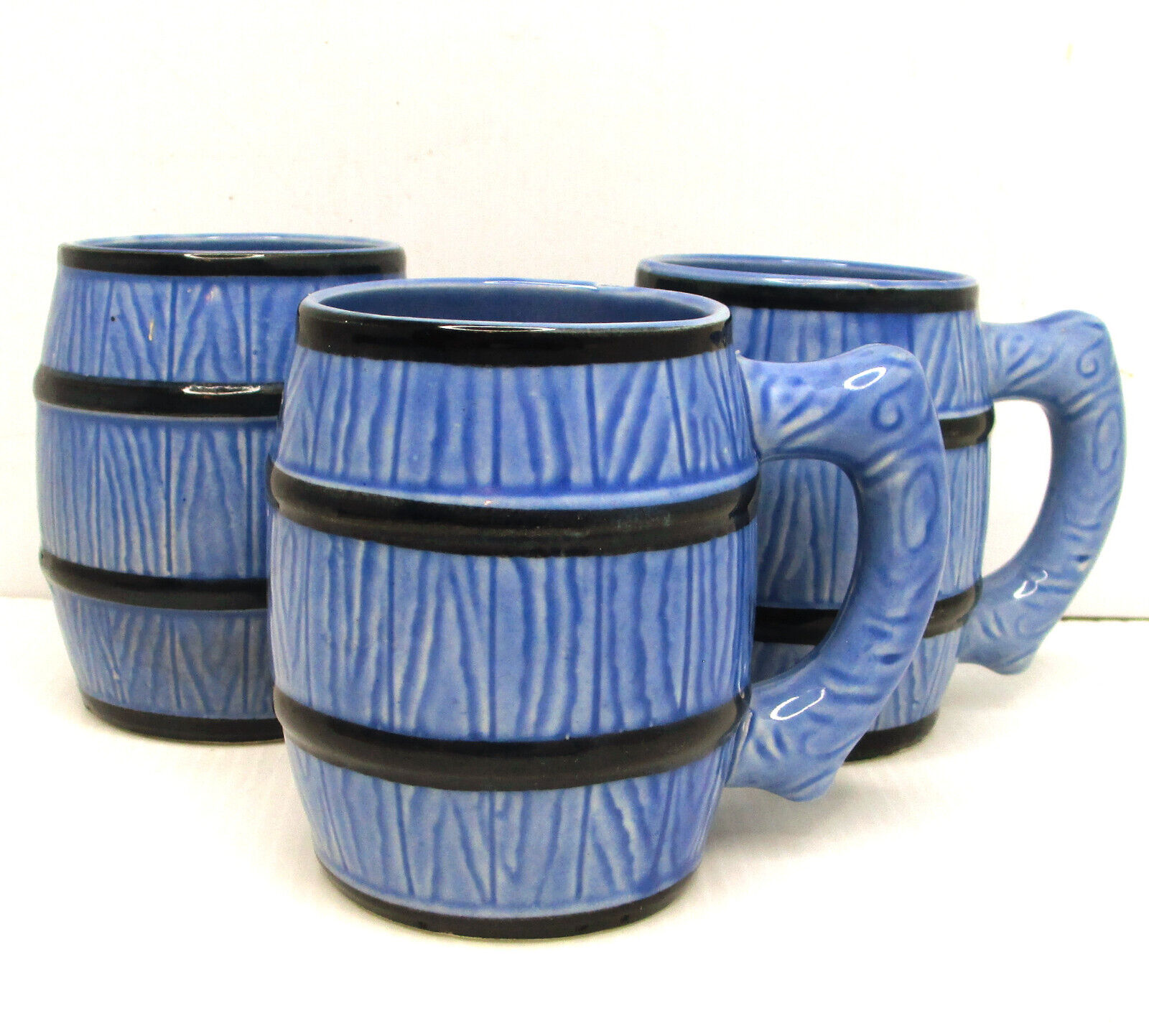 3 Vintage Japan Whiskey Barrel Mug Cup Tankard Stein Blue Textured 3.5\