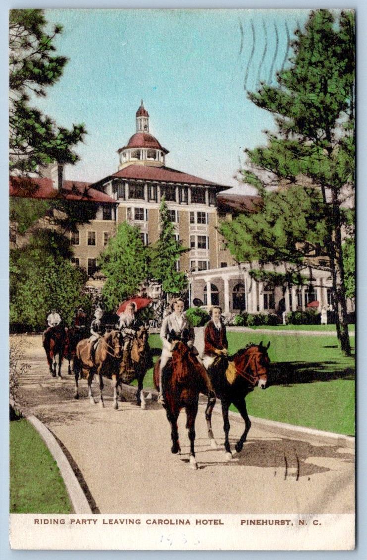 1938 RIDING PARTY LEAVING CAROLINA HOTEL PINEHURST NC*HAND COLORED*HORSES