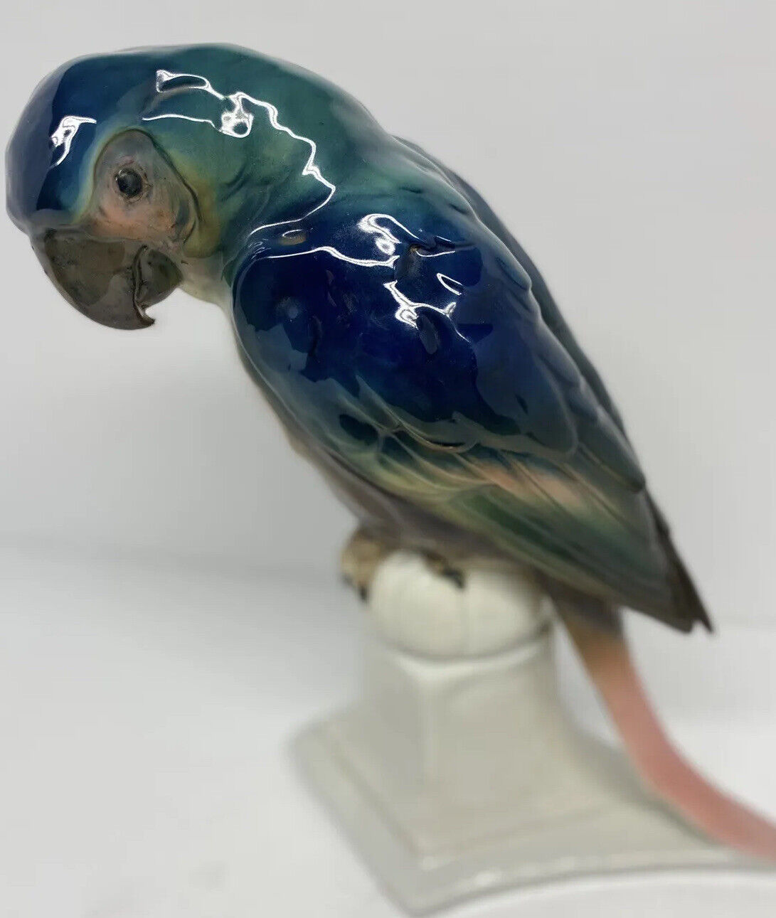 German Porcelain Parrot Figurine Numbered Stamped Stunning Glaze Marked Germany