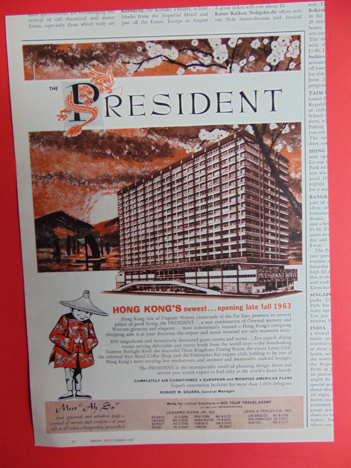 1963 The PRESIDENT Hong Kongs Newest Hotel art print ad
