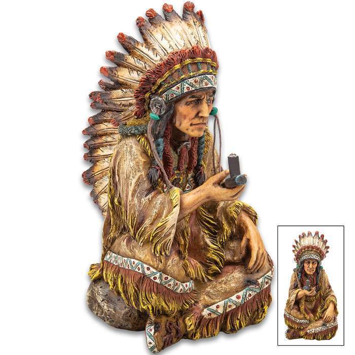 Native American Chief Painted Indian Sculpture Smoking Peace Pipe Statue Figure