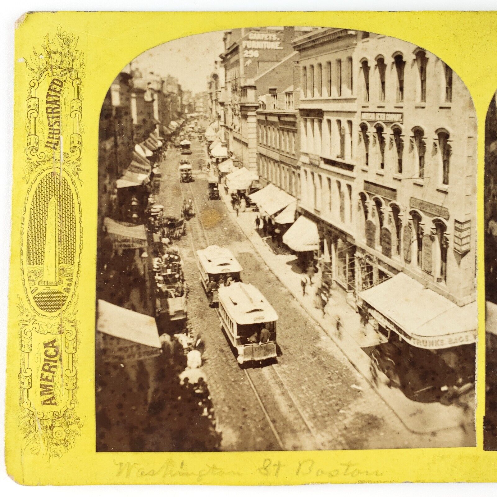 Washington Street Cars Boston Stereoview c1876 Furniture Trunk Store Signs A2581