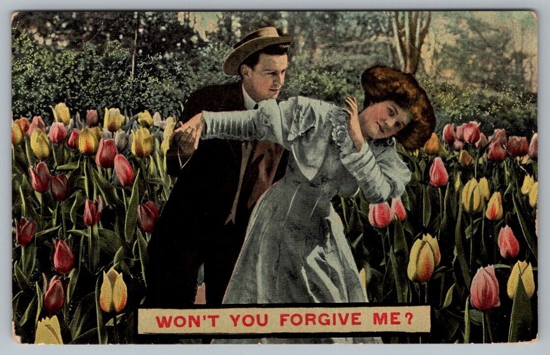 Postcard Won\'t You Forgive Me Romantic Couple in Field of Flowers c1911 Vintage
