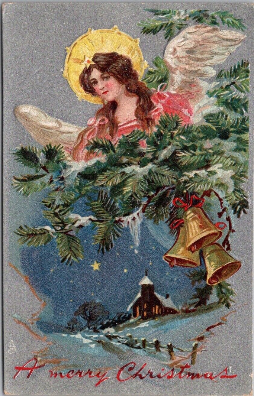1908 Tuck\'s CHRISTMAS Postcard Pretty Girl Angel / Winter Church Scene / Bells