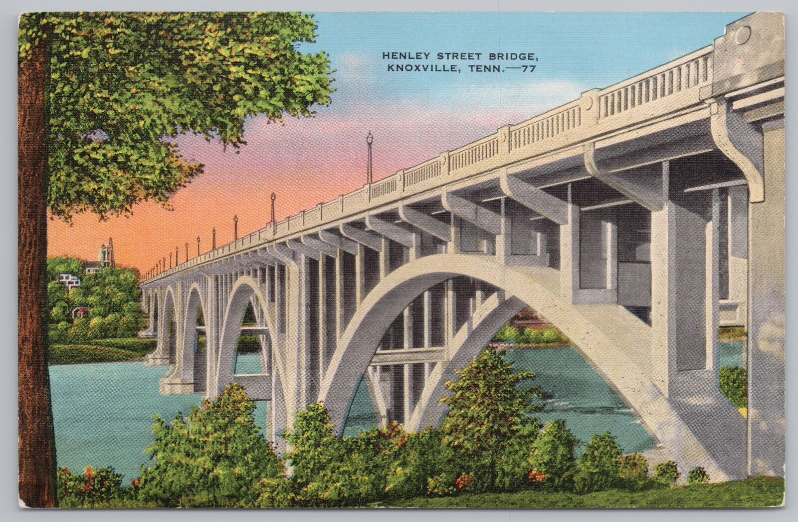 Linen~Henley Street Bridge @ Sunrise~Knoxville Tennessee~Vintage Postcard