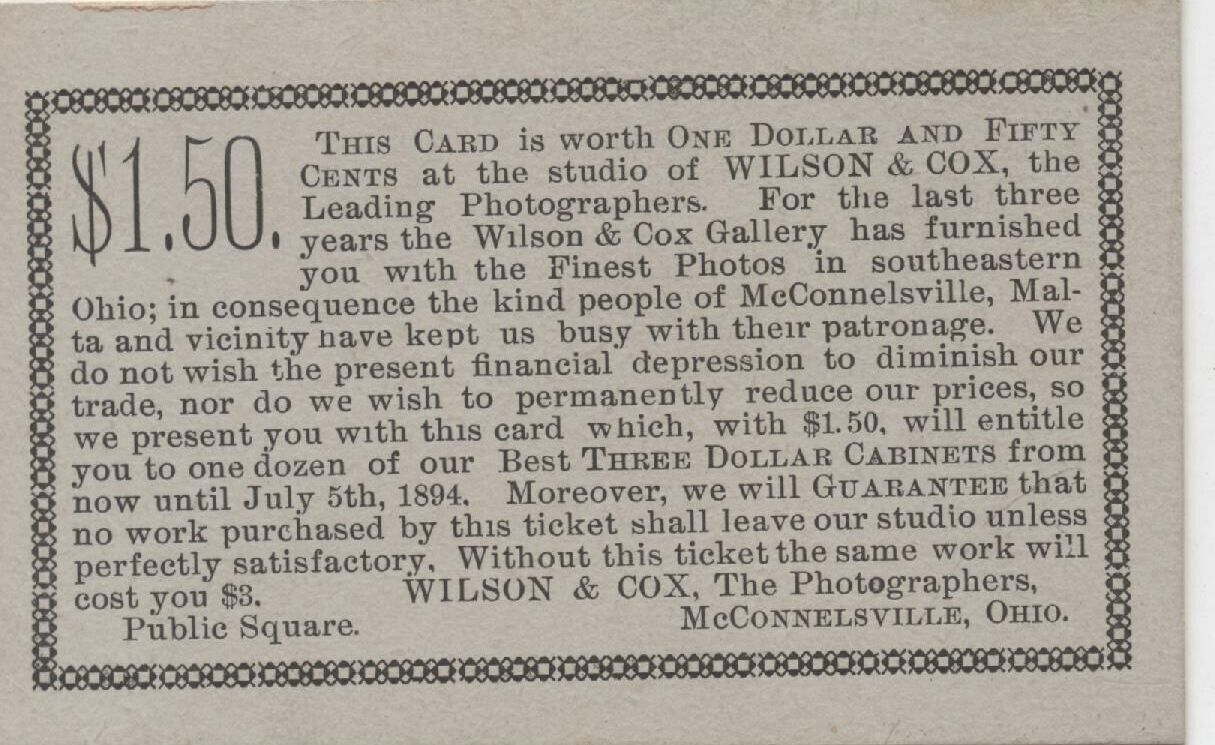 1894 Wilson & Cox Photographer Studio Card McConnelsville Ohio Cabinet Photos