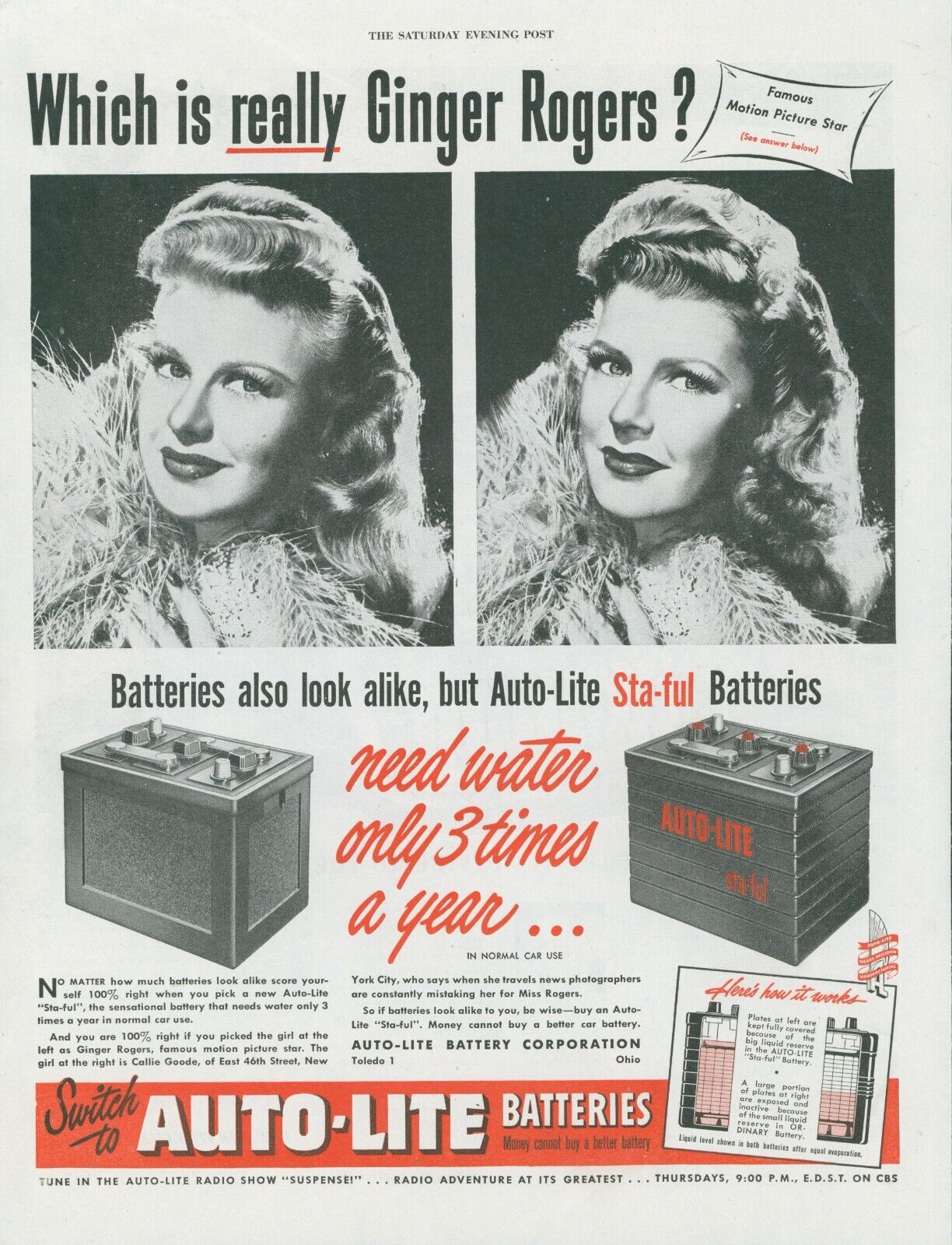 1948 Auto Lite Batteries Real Ginger Rogers Callie Goode NY Vtg Print Ad SP20