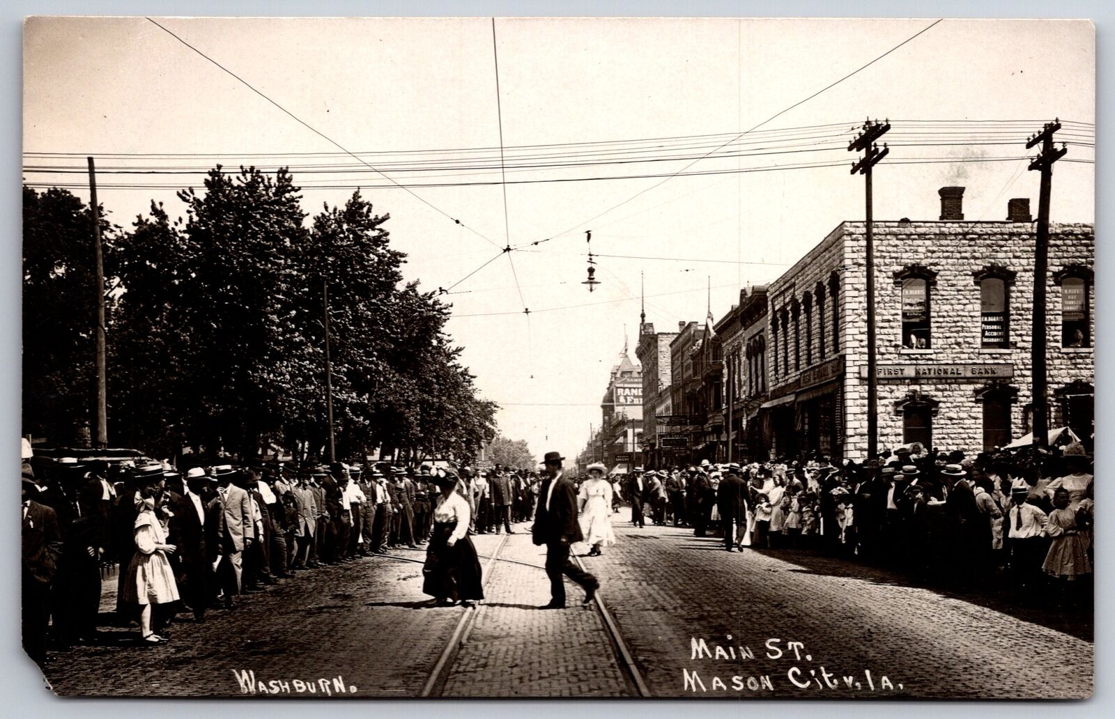 Mason City Iowa~Crowd Gathered on Main Street~National Bank~Washburn c1910 RPPC