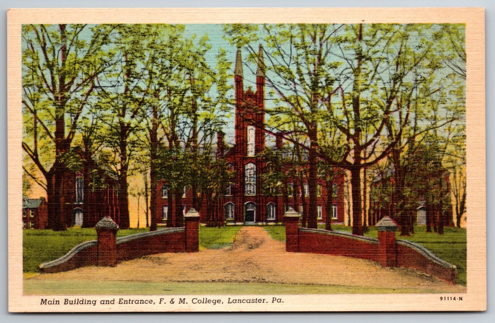 Main Building and Entrance F & M College Lancaster Pennsylvania Linen Postcard