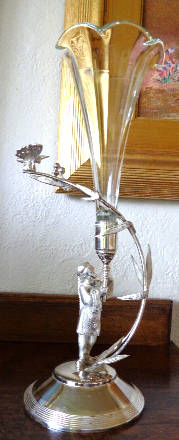 ANTIQUE MERIDEN B CONN VASE FIQURE HOLDS UP GLASS FLAME MOTH CIRCLING SP & GLASS