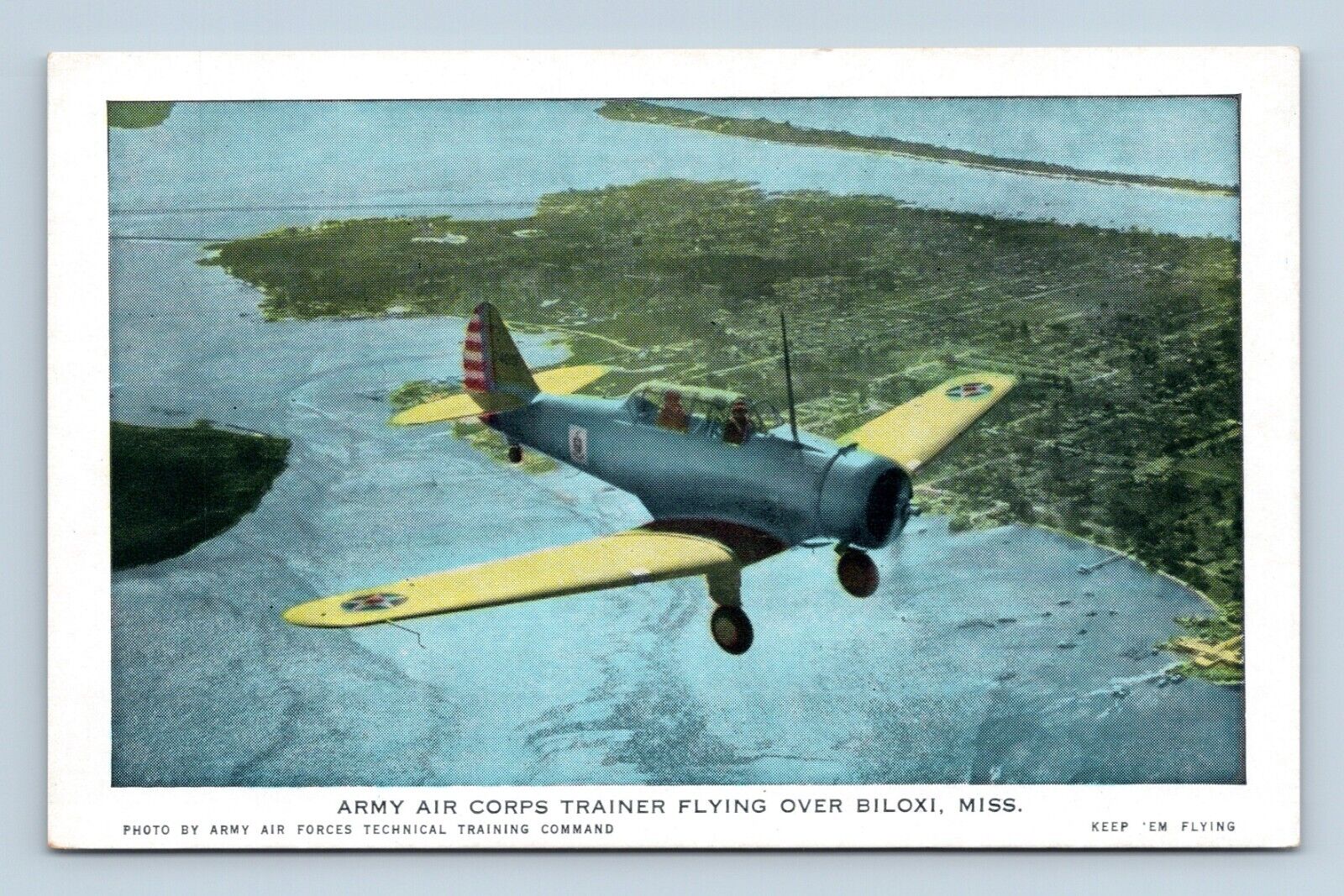 Army AIr Corps Trainer Flying Over Biloxi Mississippi MS UNP  WB Postcard E15