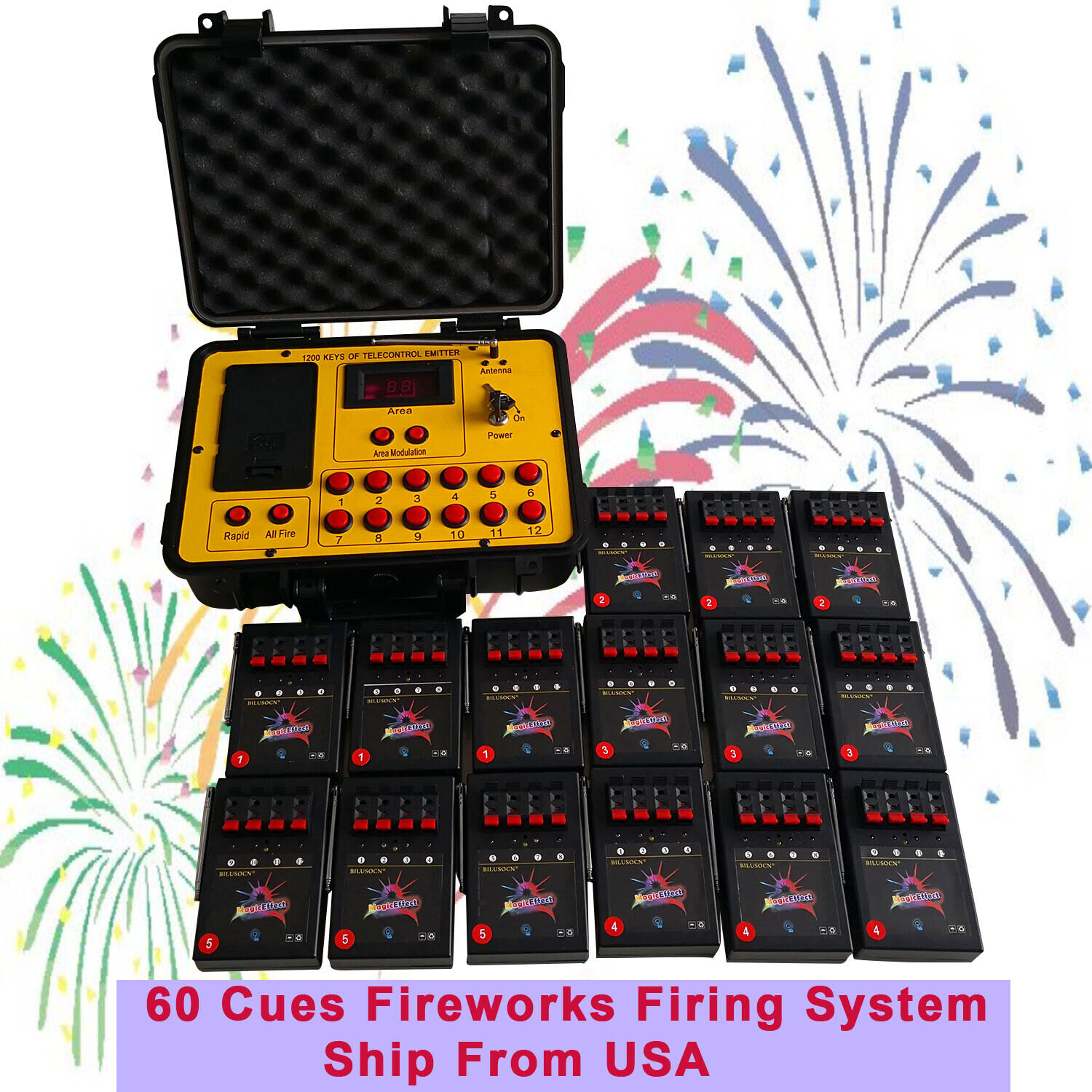 60 Cues fireworks firing system Ship From USA 500M ABS Waterproof Case Control