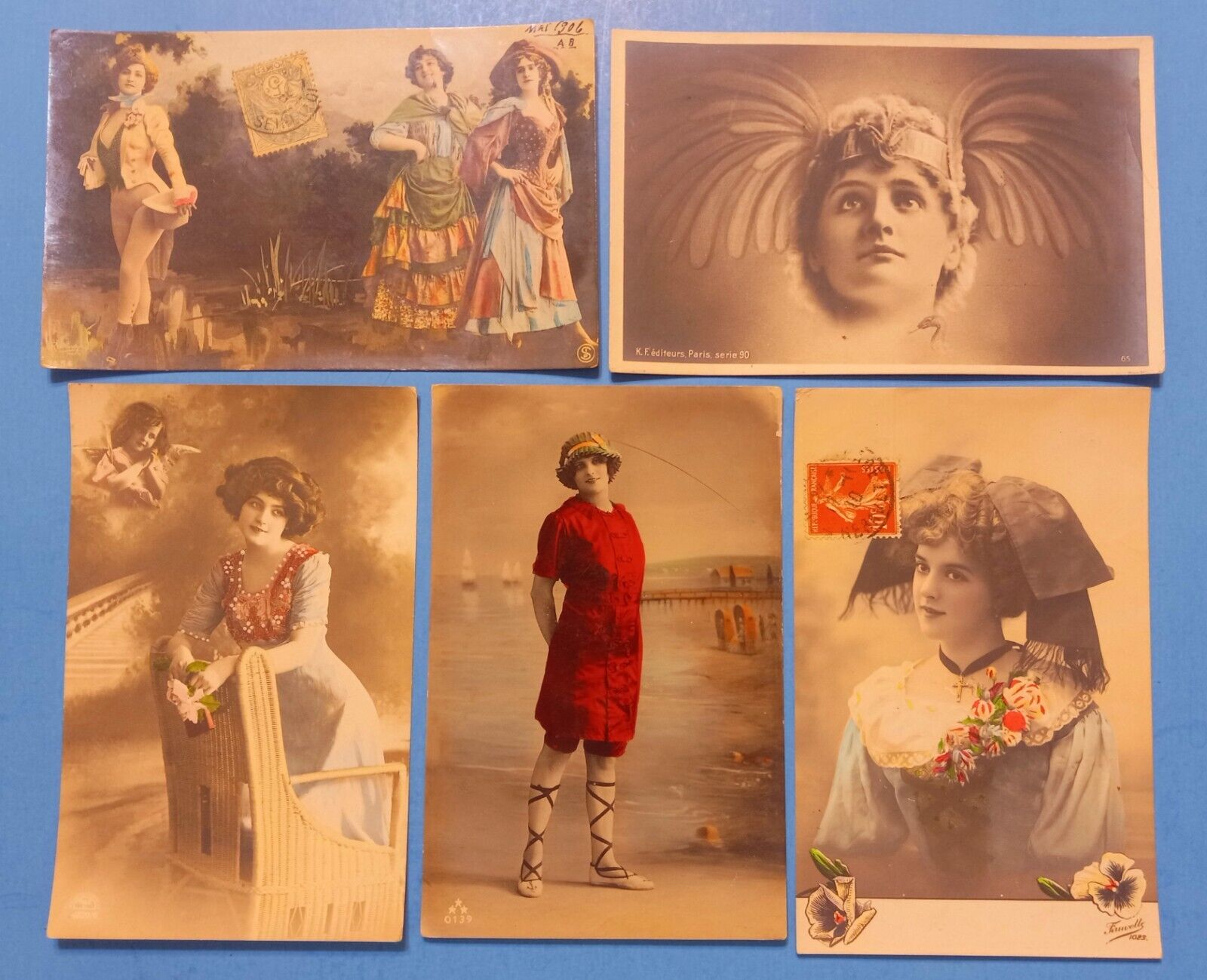 Pretty French Women 1910s Postcard Lot~ Hand Colored RPPCs, Wearing Leggings