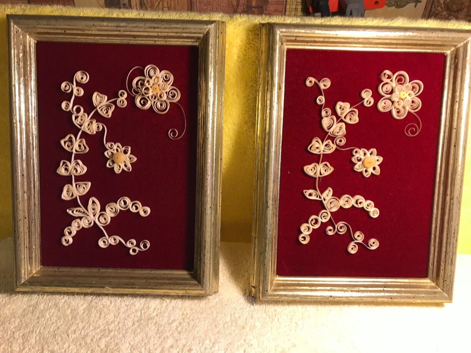 Pair Of Vintage Handmade Paper Quilling Floral Art Framed Wall Art Quilled FR/SH