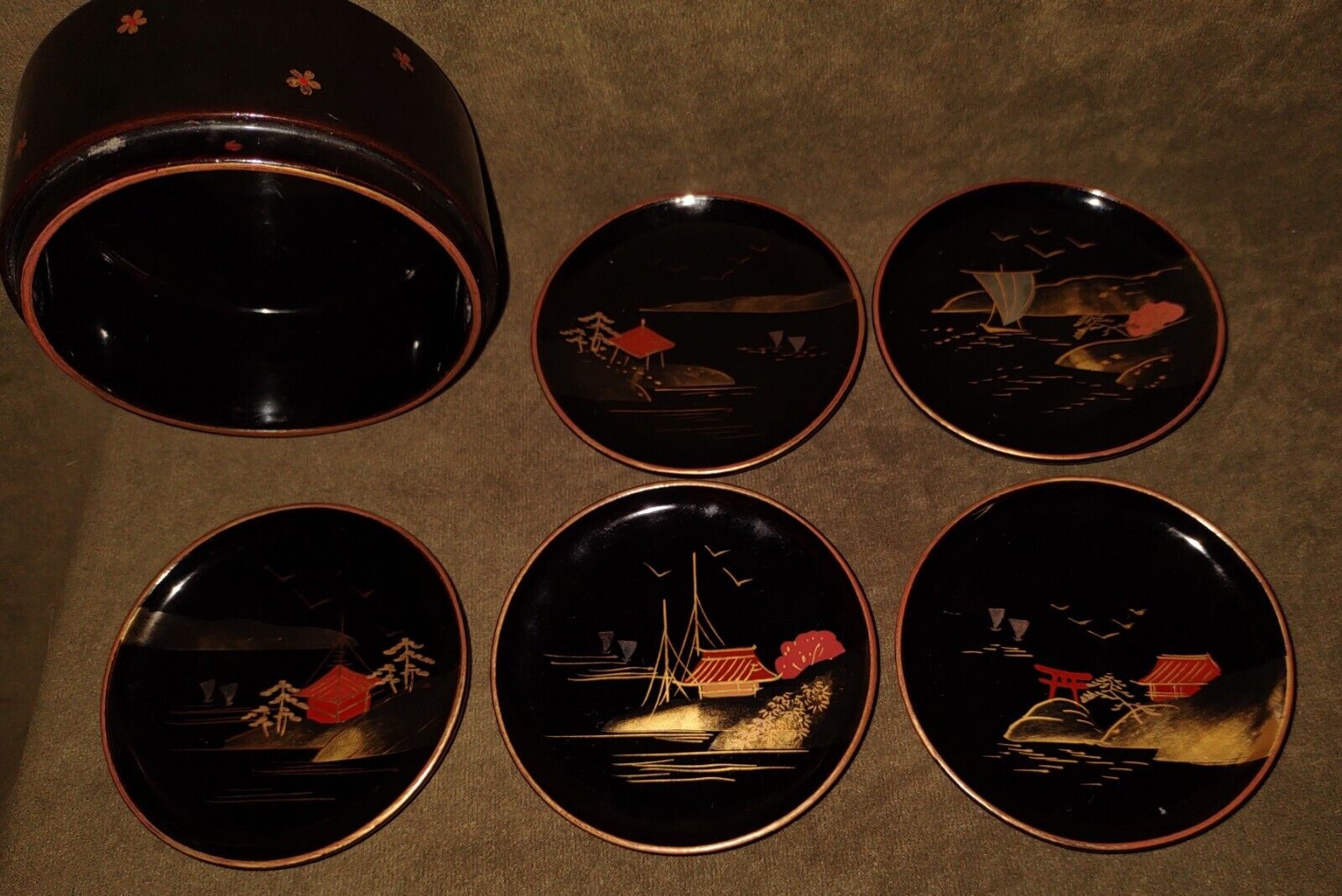 Vintage Japanese Aizu Matsumoto Black Laquerware Coasters Box w/o Lid Set Of 5