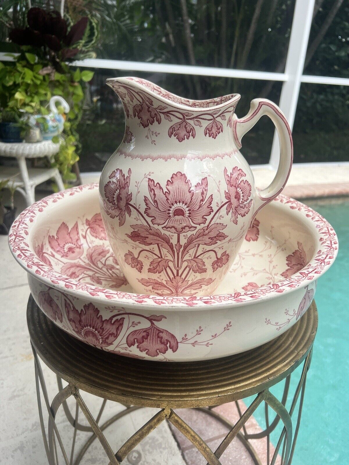 Antique French Moderne Pink & White Pitcher & Water Basin Bowl Sarreguemines