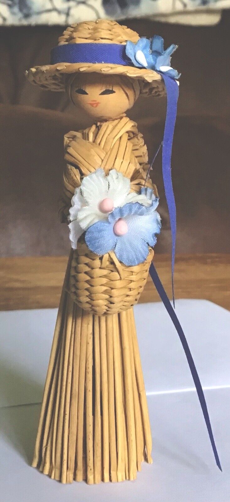 Vintage 1970s Straw Doll With Wooden Head And Base, Holding A Basket Of Flowers