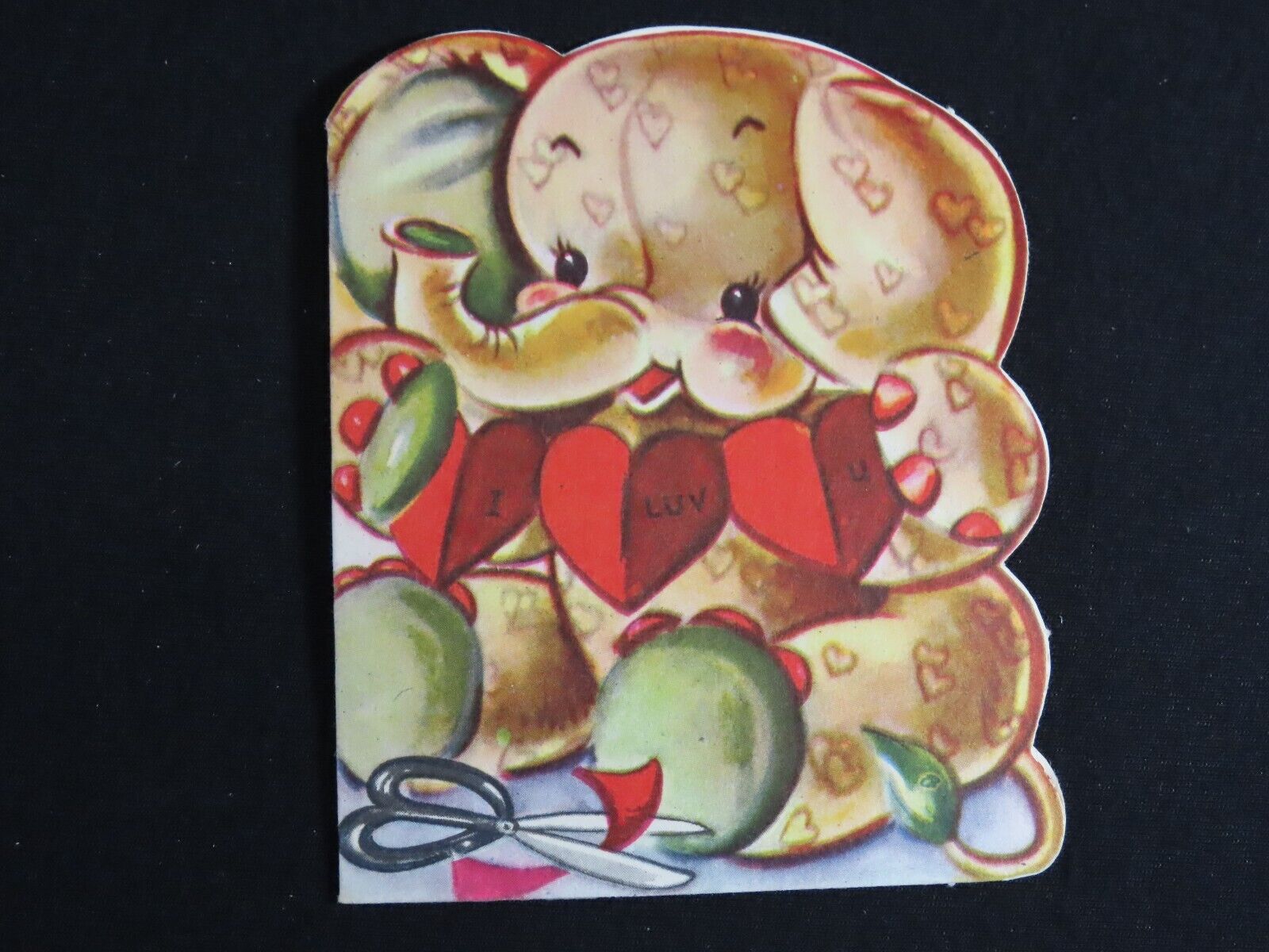 Vintage Valentines Day Card Die Cut Elephant Paper Hearts Bi Fold C1744