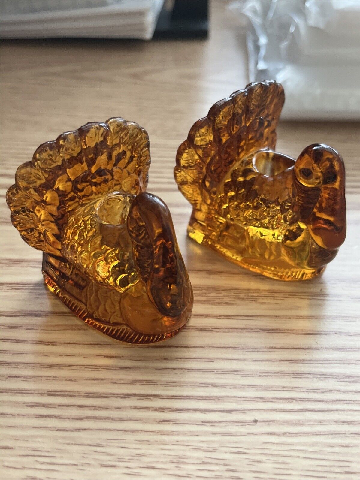 Pair of Amber Glass Turkey Candle Candlestick Holders