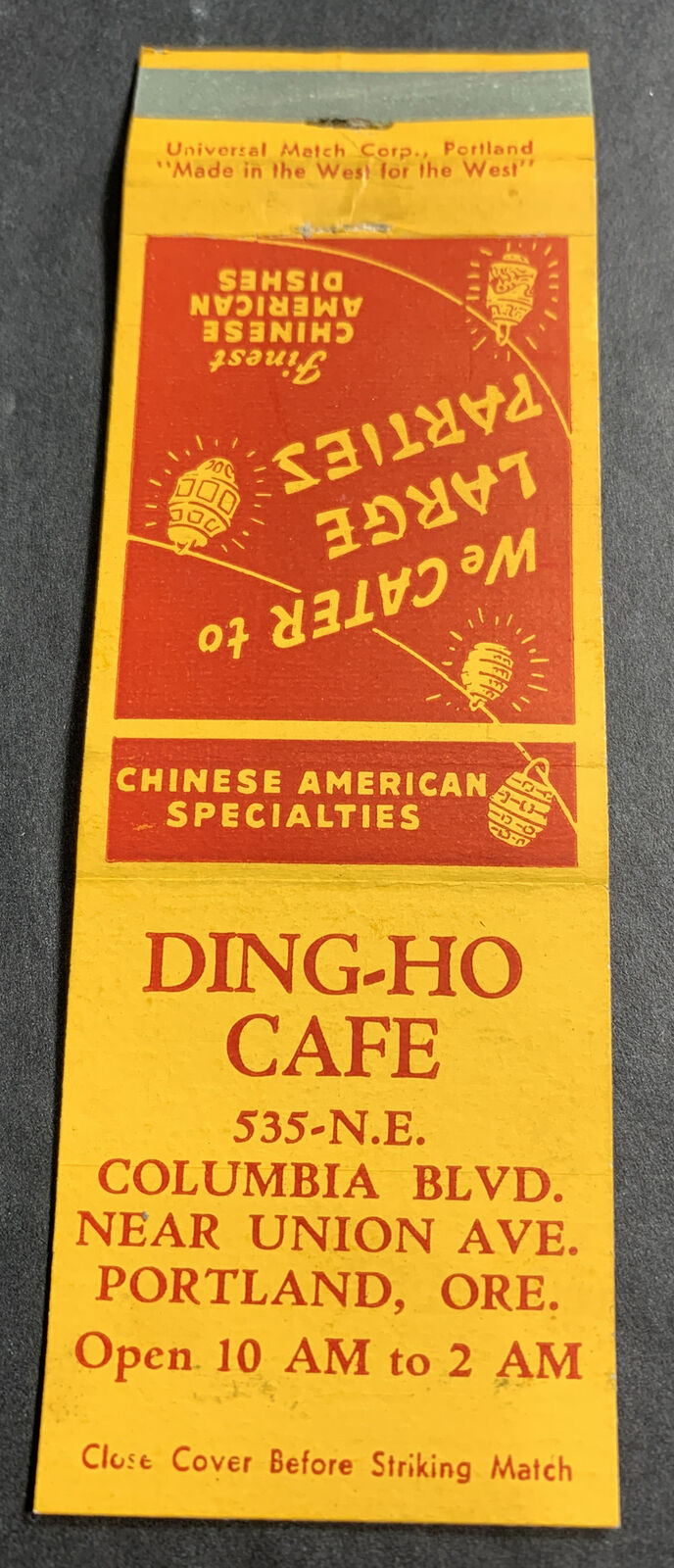 Ding Ho Chinese Restaurant Matchbook Cover Portland Oregon